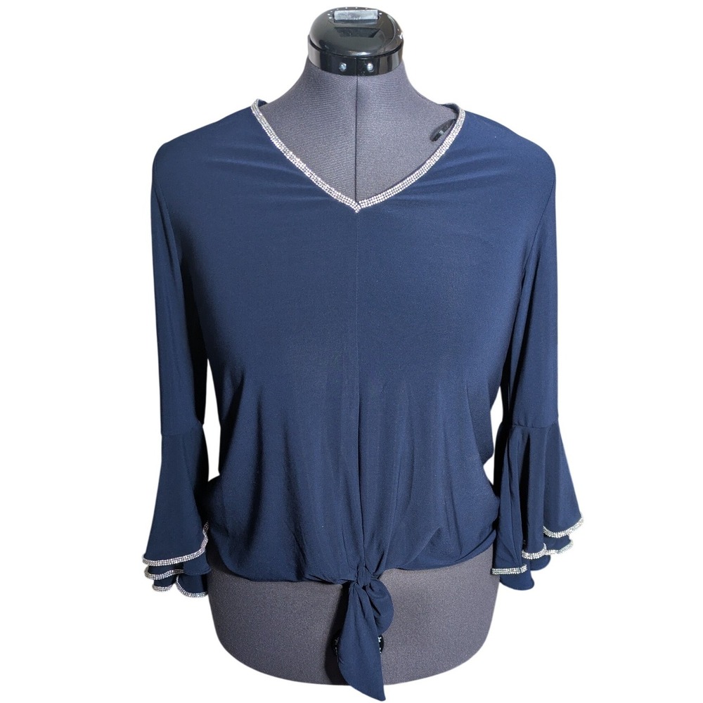 Romantic Bell Sleeve Top XL Rhinestone Tie Front Navy Blouse